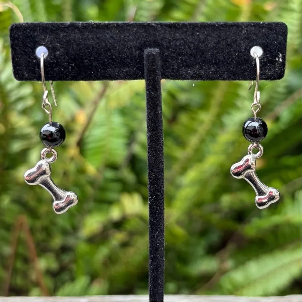 Silver Toned Dog Bone French Wire Earrings with Black Beads New Puppy